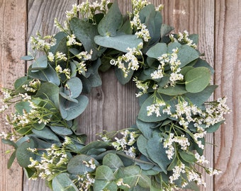 couronne d'eucalyptus fraîche Couronne de printemps Statice Couronne de porte fraîche Couronne de communion Communion Cadeau de la fête des mères