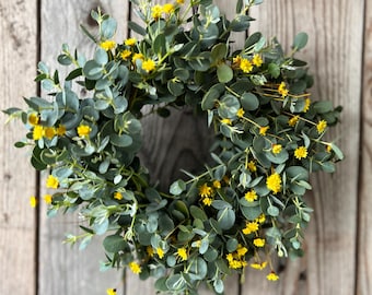 Fresh eucalyptus wreath, spring wreath, fresh door wreath, communion wreath, Mother's Day gift, yellow