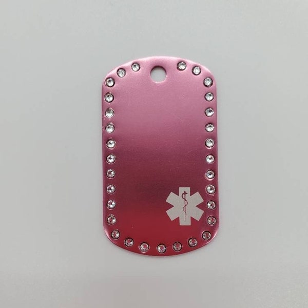 Ladies glam Medical Alert Tag with keychain ring or 30" ball chain. Laser Engraved customize up to 6 lines on back. Real Swarovski Crystals.