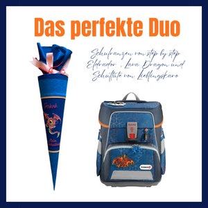 Pode incluir: Uma mochila escolar azul e laranja com um design de drag&atilde;o e um cone escolar a condizer azul e laranja com o nome "Jakob" bordado. O texto "Das perfekte Duo" est&aacute; no topo da imagem. O texto "Schufrangen von step by step Eldrador, Lava Dragon und Schuft&uuml;te von Lieblingskaro" est&aacute; abaixo da imagem.
