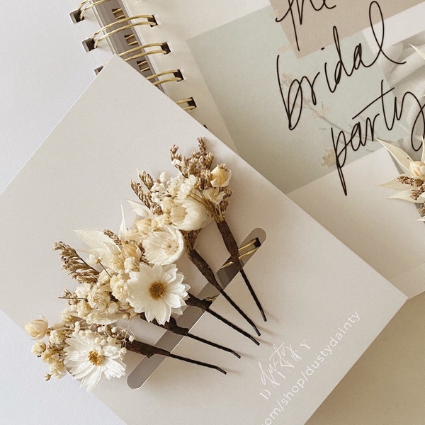 Pinces à cheveux marguerite blanche l Épingles à cheveux bohème fleurs séchées pour mariage l Enterrement de vie de jeune fille l Demoiselle d'honneur l Accessoires pour cheveux en plumes feuillues