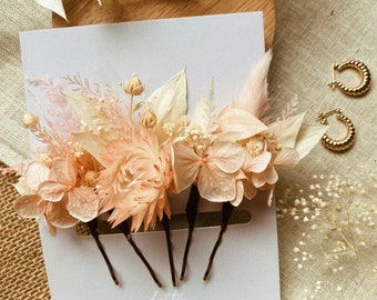 PEACH PINK HEATH Hair Pins Clips  l Dried Flower Boho Hair Pins For Wedding l Hen Party l Bridesmaid l Leafy Feather Hair Accessories