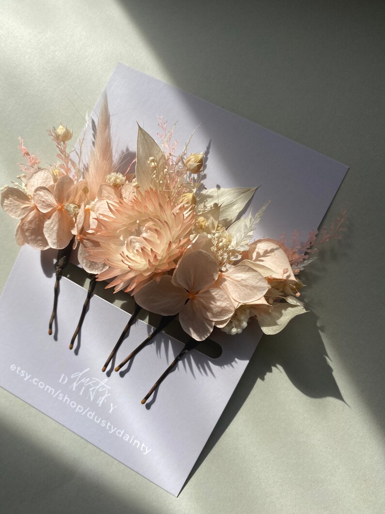 PEACH PINK HEATH Hair Pins Clips l Dried Flower Boho Hair Pins For Wedding l Hen Party l Bridesmaid l Leafy Feather Hair Accessories image 4