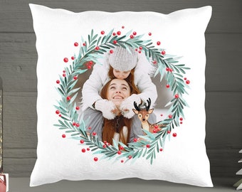 Personalised Christmas Wreath Cushion with Photo