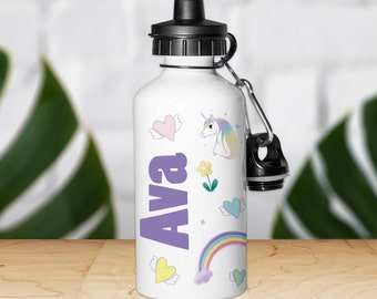 Unicorn Kids Water Bottle - Personalised Name Steel Sports Bottle with 2 Lids