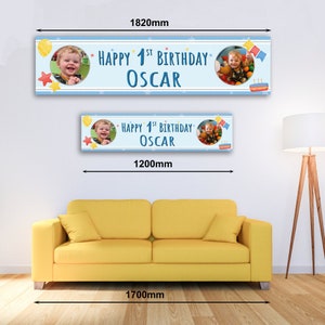 May include: Two blue banners with the text "Happy 1st Birthday Oscar" and photos of a child. The larger banner is 71.6 inches long, and the smaller banner is 47.2 inches long. The banners have star and balloon decorations.