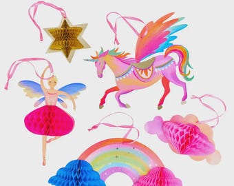 Decoraciones de panal de abeja de princesa hada unicornio (x5), decoraciones de cumpleaños para niñas