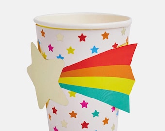 Vasos de papel con forma de estrella fugaz (x8), Estrella de feliz cumpleaños, Fiesta de cumpleaños arcoíris