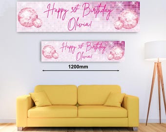 Personalised Banner -Pink Disco Ball Birthday, Party Banner