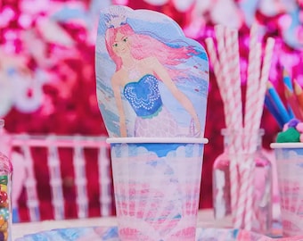 Vasos de papel para fiestas con diseño de concha marina (8 unidades), ideales para fiestas de cumpleaños de sirenas.