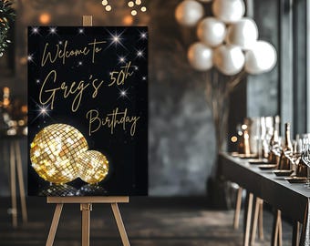 Personalised Gold Disco Ball Birthday Sign, Age Birthday Sign, Wedding Sign
