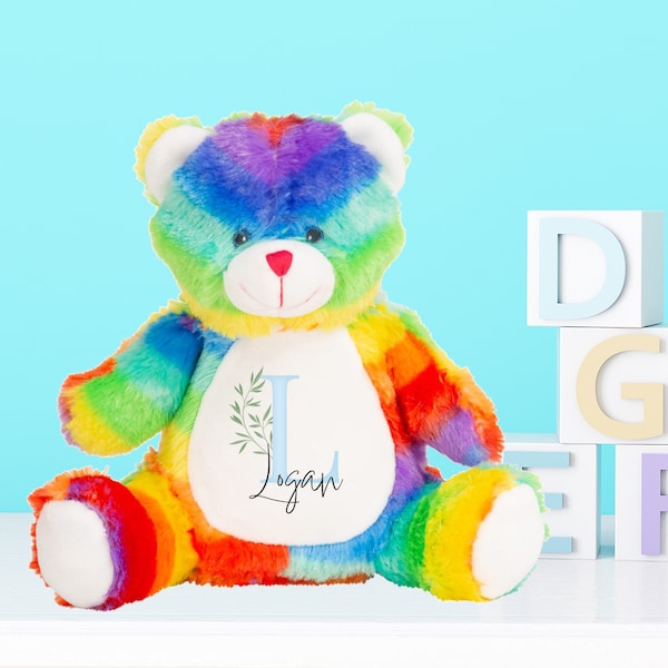 Personalised Rainbow Bear Plush Soft Toy, Customised New Baby Gift, Pink, Blue or Yellow Initialed Bear.