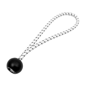 May include: A black and white bungee cord with a black ball end. The cord is white with black stripes and forms a loop. The black ball is at the end of the cord. This item is likely used for securing items.