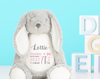 Personalised Grey Pink or Blue Bunny Plush Soft Toy, Customised New Baby Gift, Boys and Girls Birth Teddy