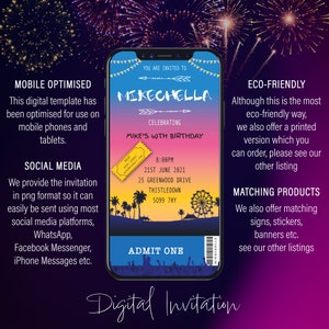 Op de afbeelding: Een digitale uitnodiging voor een 40e verjaardagsfeest met een festivalthema. De uitnodiging is ontworpen om eruit te zien als een ticket met een reuzenrad en palmbomen op de achtergrond. De tekst op de uitnodiging luidt "MikeChella Vierend Mikes 40e verjaardag" en bevat de datum, tijd en locatie van het feest.