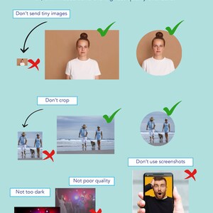 May include: An informational graphic titled "PHOTOS - DO'S AND DON'TS" with examples of acceptable and unacceptable image formats. The text includes "Formats accepted" and "Please send the highest quality available."