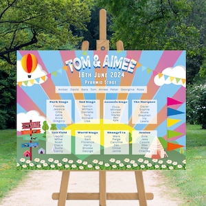 May include: A colourful seating chart for a wedding reception with a whimsical theme. The chart is titled "Tom & Aimee 16th June 2024 Pyramid Stage" and features a hot air balloon, flags, and a variety of stage names like "Park Stage", "2nd Stage", "Acoustic Stage", "The Marquee", "Left Field", "World Stage", "Shangri La", and "Avalon".