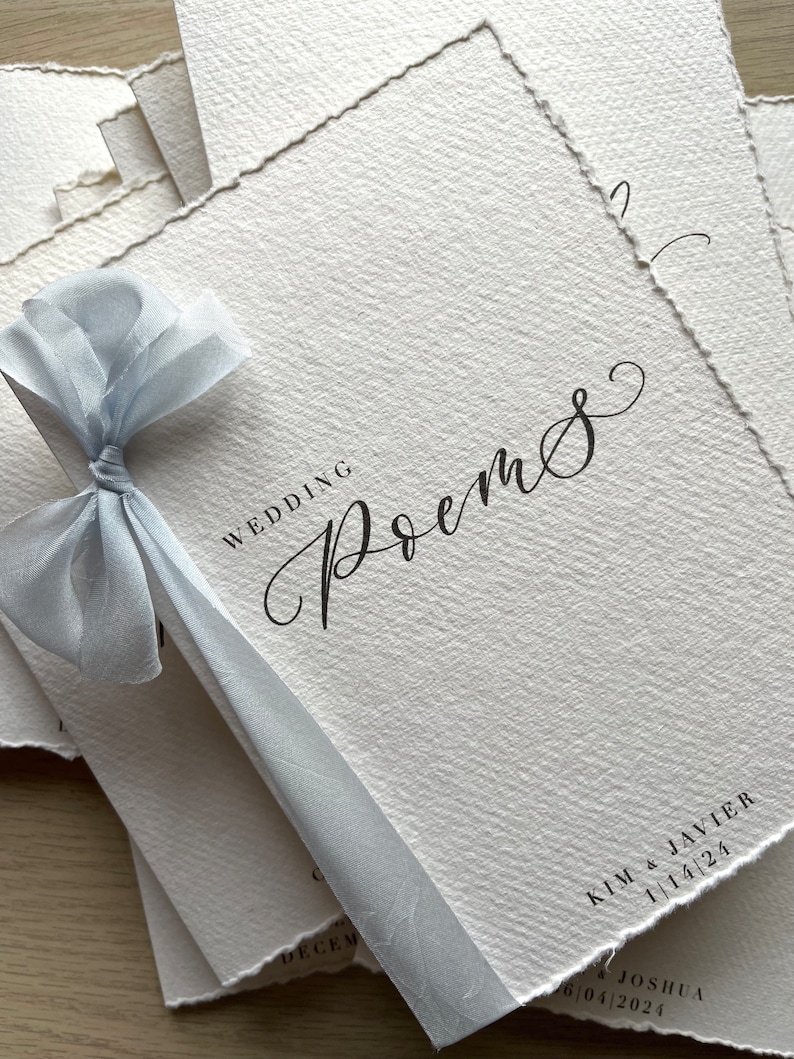 Cotton Paper Wedding Poem books with Silk Ribbon image 1