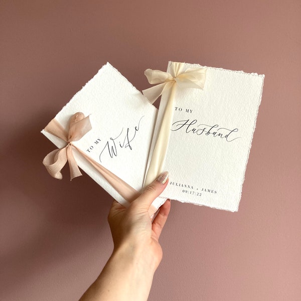 Livre de vœux en papier coton avec ruban de soie / A mon mari / A ma femme / Cadeau d'anniversaire de mariage en coton