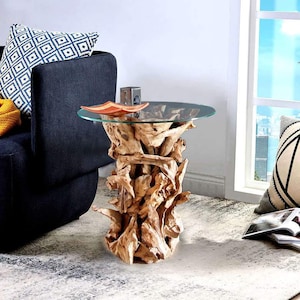 Root table with glass top Ø 60 cm | Root wood coffee table side table made of certified wood, handmade for stylish furnishings