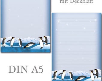 Writing pad 50 sheets lined DIN A5 penguins notepad stationery letter pad animals children girls