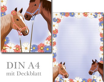 Writing pad A4 two horses 25 sheets lined animals with lines Letter pad lined Stationery