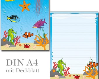 Writing pad A4 Underwater World 25 sheets lined with lines Fish Starfish Water Letterblock Stationery Beach Sea Lake Diving