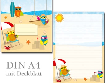 Writing pad A4 Motif Owls on the beach 25 sheets with lines lined Letterblock Stationery Children Summer