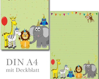 Schreibblock A4 bunte Tiere 25 Blatt liniert Affe Zebra Elefant Safari Tiger Eule mit Linien Briefblock Briefpapier Kinder