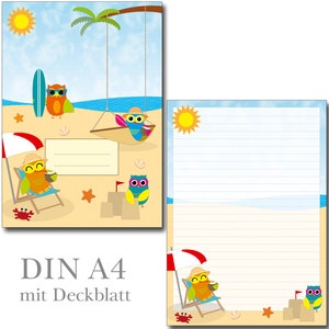 Schreibblock A4 Motiv Eulen am Strand 25 Blatt mit Linien liniert Briefblock Briefpapier Kinder Sommer