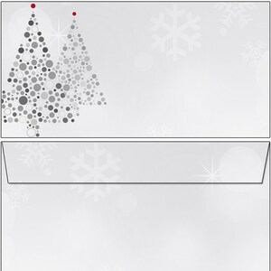 Könnte beinhalten: Ein Satz von zwei weißen Weihnachtsumschlägen. Der obere Umschlag zeigt zwei stilisierte Weihnachtsbäume aus grauen und silbernen Kreisen mit roten Punkten an der Spitze. Schneeflocken und Sternschnuppen schmücken den Hintergrund.