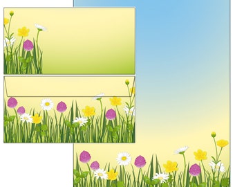 Spring Meadow Set van 20 Vellen Briefpapier + 20 Enveloppen DIN Lange Bloemen Bloemen Lente