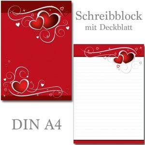 Schreibblock A4 rote Herzen 25 Blatt Liebe Love mit Linien liniert Briefblock Briefpapier Liebesbrief
