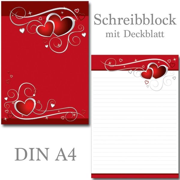 Schreibblock A4 rote Herzen 25 Blatt Liebe Love mit Linien liniert Briefblock Briefpapier Liebesbrief