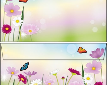 20 Briefumschläge schöne Blumenwiese Kuverts DIN lang - Blumen Blümchen Schmetterlinge bunt Sommer