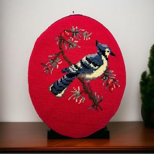 Vintage Needlepoint Hand Embroidered Bird on Branch Framed Art Wall Decor