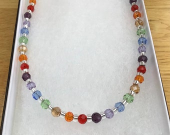 Rainbow crystal necklace with Sterling silver clasp, extender chain and card gift box