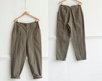 80s Khaki baggy pants W32 KLIPLING Vintage cotton High rise tapered trousers womens size L /40 Green Utility Pants Peg Leg slacks