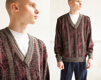 Vintage Herren Pullover Gr. M Baggy V-Ausschnitt Grafik Pullover Damen L 80er Oversize abstrakt gestreifter Pullover mit Wollmischung
