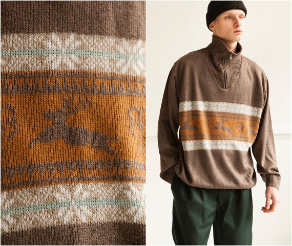 WAvyWall 90s Baggy Knit Sweater Men Size XL Vintage Nordic Jumper with Reindeer Winter Chunky Knitted High Neck Sweater with Zip Unisex Slouchy Top