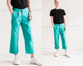 70s Green Flares W32 Men Pleated Slacks Cropped Flares Womens M Low to Mid Rise Teal Pants Retro Short Pants size M