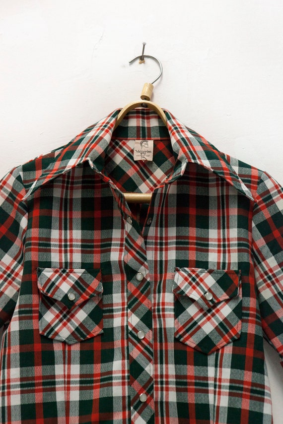 70s Check Top M Retro Plaid Shirt Vintage Tartan … - image 9