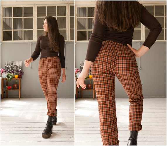 90s Orange Check Pants W29 High Waist Checked Trousers Womens S M Made in  France Retro Plaid Pants M High Rise Grunge Trousers Tartan Pants 