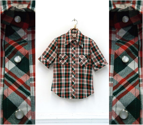 70s Check Top M Retro Plaid Shirt Vintage Tartan … - image 2