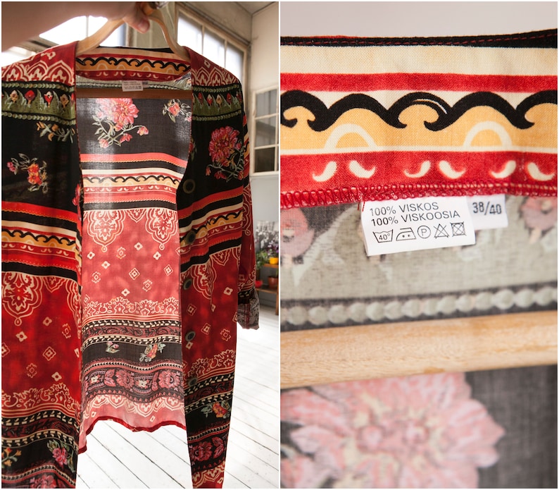 90s Floral Blouse Size M Womens Red Ethnic Rayon Blouse Long Sleeve Tapestry Top Oriental Top Slitted Blouse Patterned Festival Overshirt