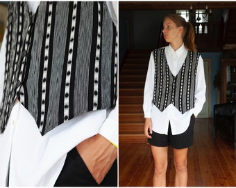 80s 90s Attached Vest Shirt White Collared Button Down Blouse With 