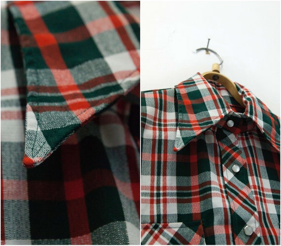 70s Check Top M Retro Plaid Shirt Vintage Tartan … - image 8