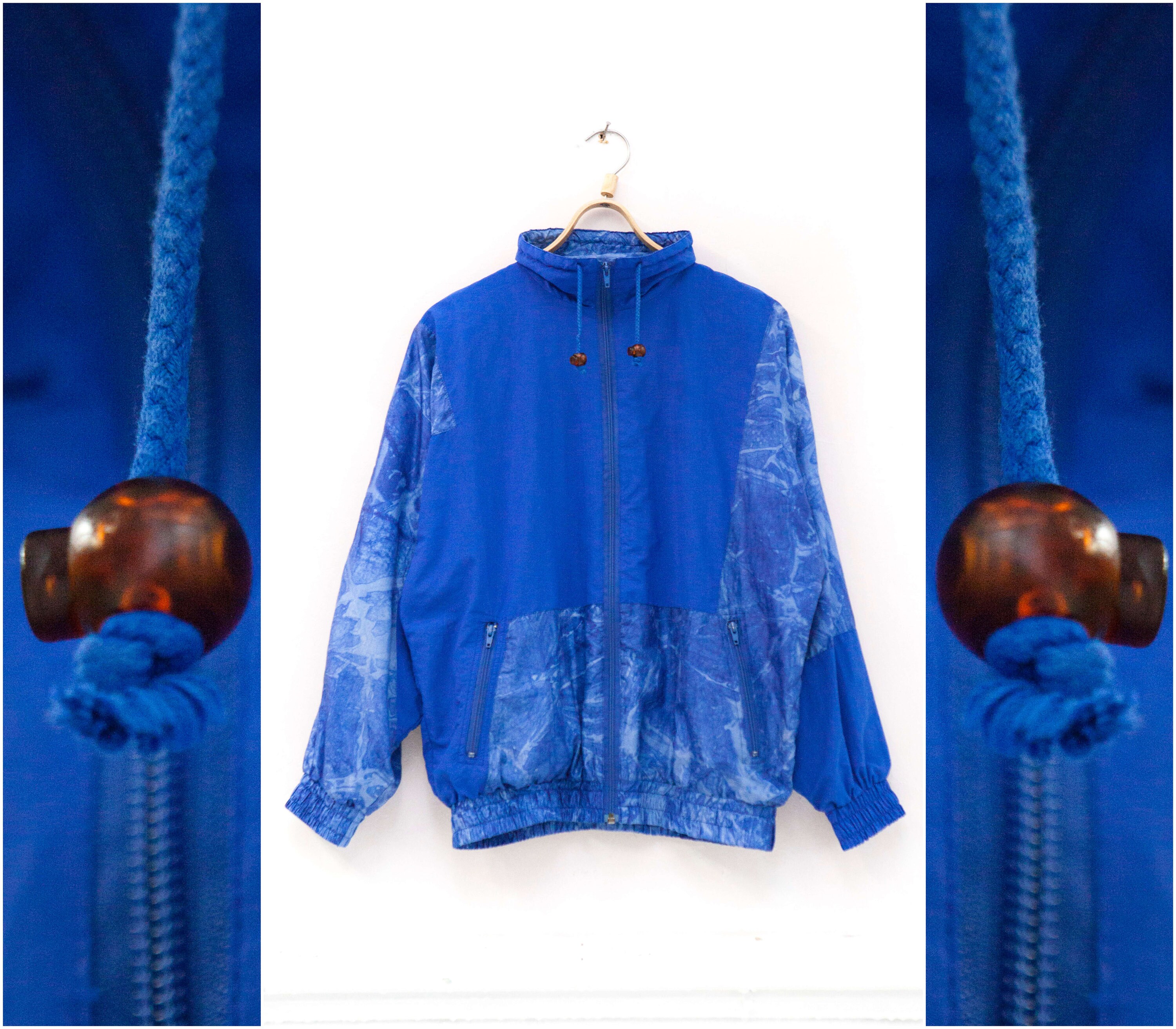 Vintage Royal Blue Windbreaker Abstract Print Mens Small Sports Zip up