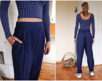 80s Baggy Pants W28 made in FINLAND Vintage Navy blue Tapered Leg Trousers Womens S Highr Waist Pleated Dress Pants with side pocket