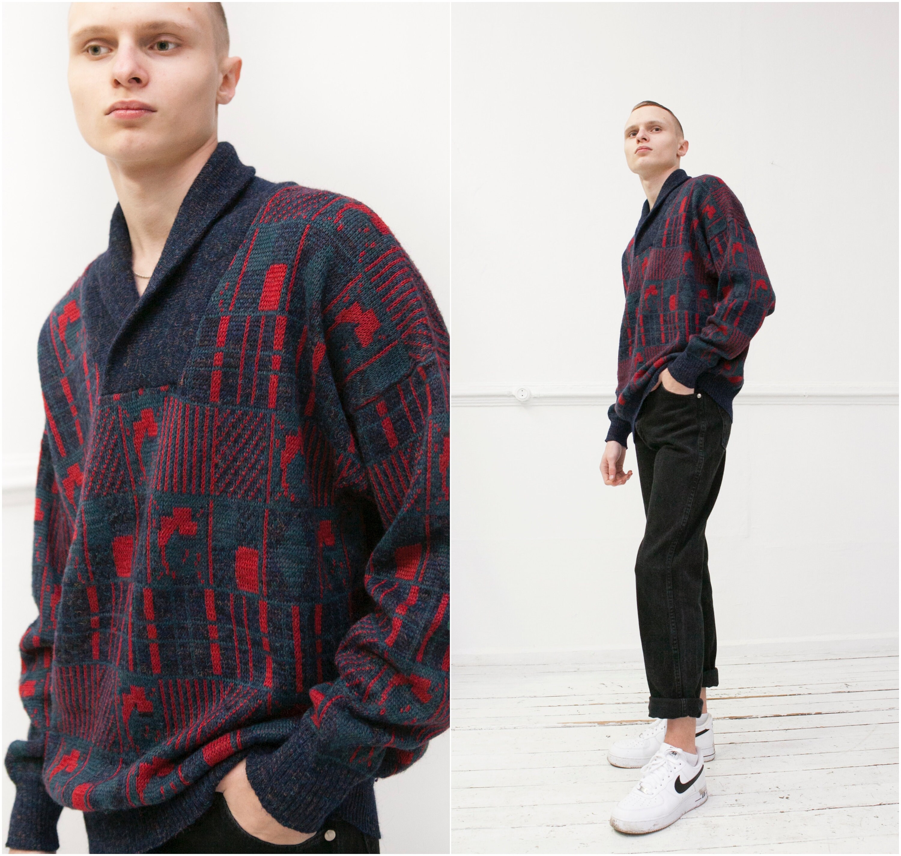 Vintage Abstract Sweater Men M Wool Baggy Jumper Gey Red V - Etsy UK